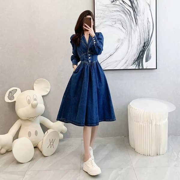 Vintage Solid Lapel V-Neck Backless Elastic Waist Office Lady Denim Dresses