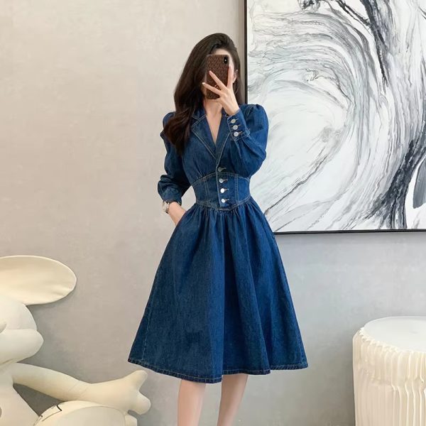 Vintage Solid Lapel V-Neck Backless Elastic Waist Office Lady Denim Dresses - Image 2