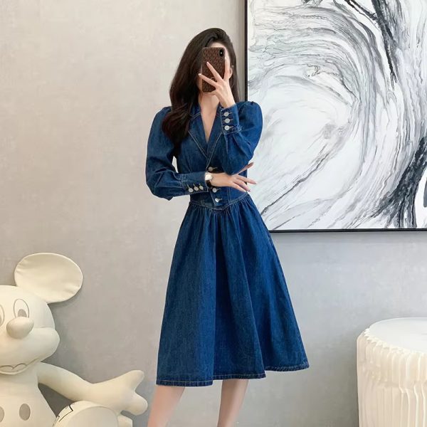 Vintage Solid Lapel V-Neck Backless Elastic Waist Office Lady Denim Dresses - Image 3