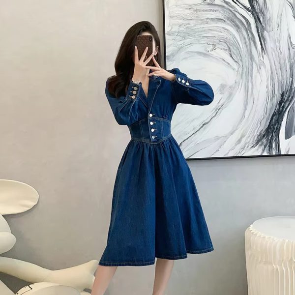 Vintage Solid Lapel V-Neck Backless Elastic Waist Office Lady Denim Dresses - Image 4