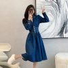 Vintage Solid Lapel V-Neck Backless Elastic Waist Office Lady Denim Dresses - Image 5