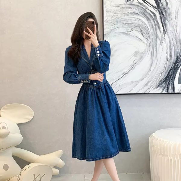 Vintage Solid Lapel V-Neck Backless Elastic Waist Office Lady Denim Dresses - Image 6