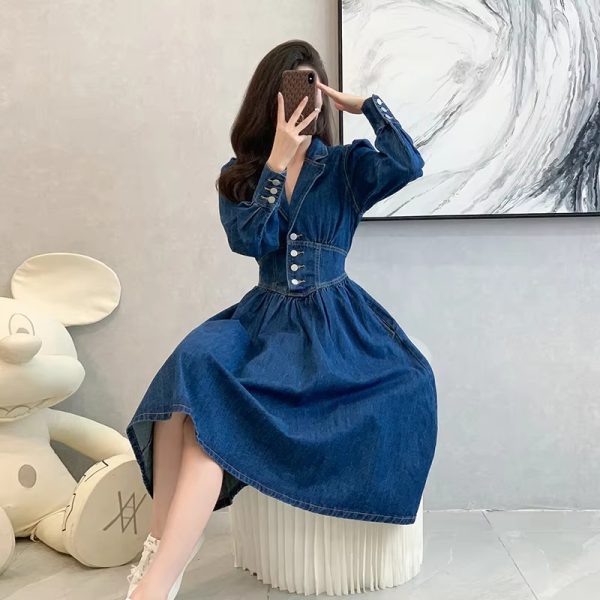 Vintage Solid Lapel V-Neck Backless Elastic Waist Office Lady Denim Dresses - Image 8