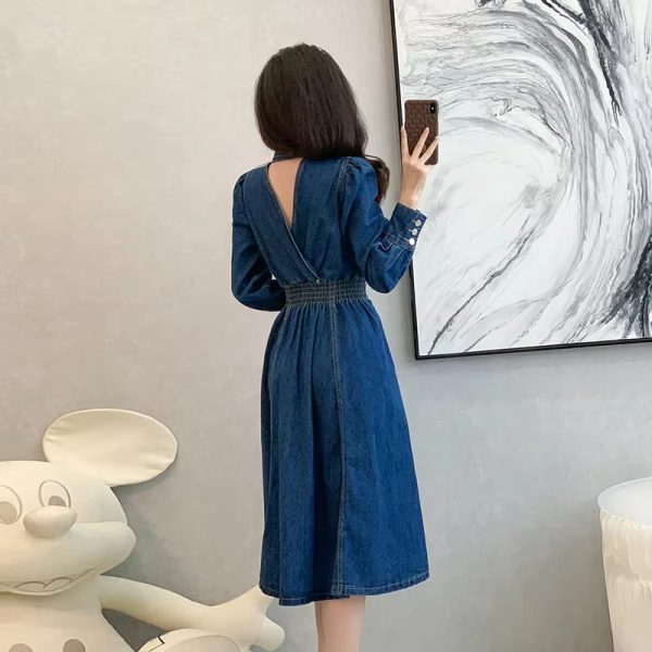 Vintage Solid Lapel V-Neck Backless Elastic Waist Office Lady Denim Dresses - Image 9