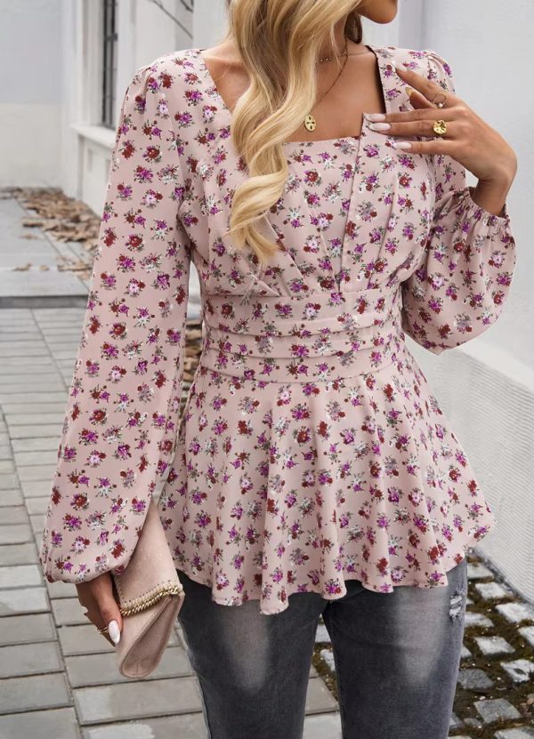 Vintage Square Collar Puff Sleeve Ruffled Casual Floral Print Tops - Image 11