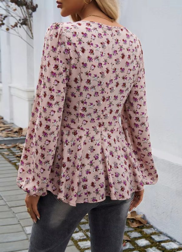 Vintage Square Collar Puff Sleeve Ruffled Casual Floral Print Tops - Image 12