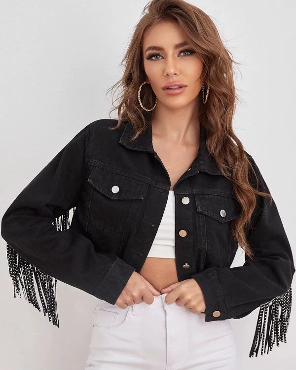 vintage Fringe Tassel Distressed Ripped Crop Denim Jean Jackets - Image 2