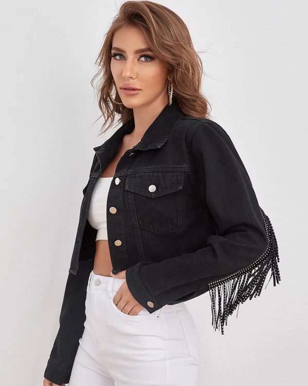 vintage Fringe Tassel Distressed Ripped Crop Denim Jean Jackets - Image 3