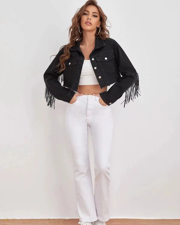 vintage Fringe Tassel Distressed Ripped Crop Denim Jean Jackets