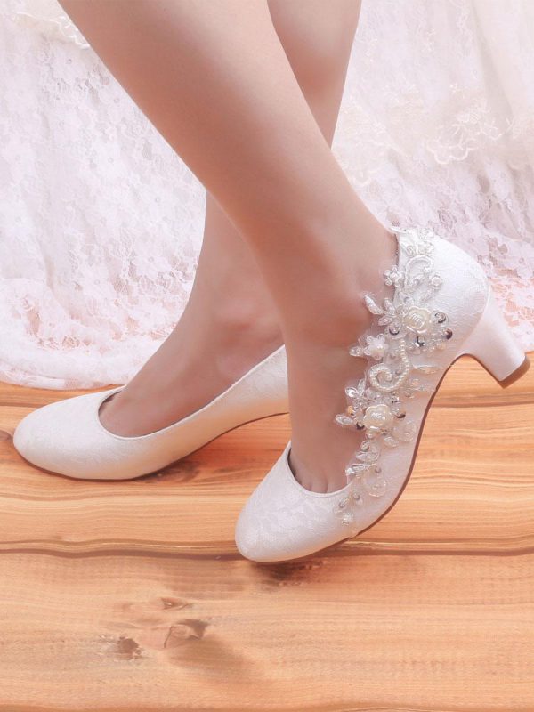 Round Toe Embroidered Fashion Satin Chunky Heel Mid Bridal Shoes