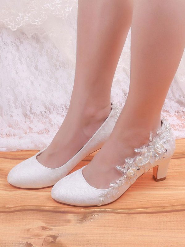 Round Toe Embroidered Fashion Satin Chunky Heel Mid Bridal Shoes - Image 5