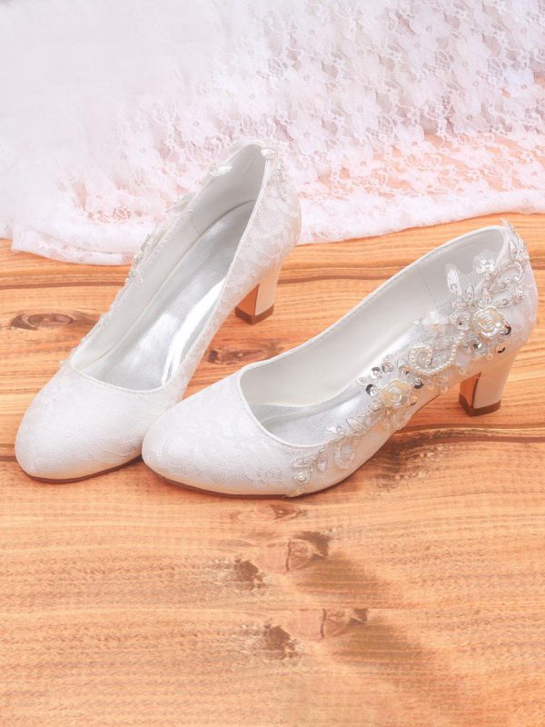 Round Toe Embroidered Fashion Satin Chunky Heel Mid Bridal Shoes - Image 2