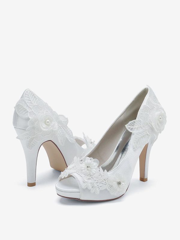 Flower Leaves Pattern Satin Peep Toe Wedding Bridal Shoes - Image 2