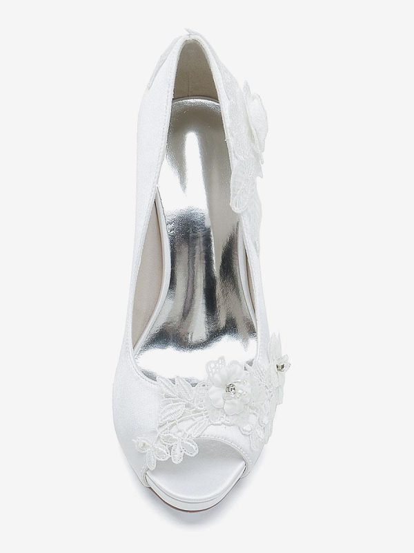 Flower Leaves Pattern Satin Peep Toe Wedding Bridal Shoes - Image 3