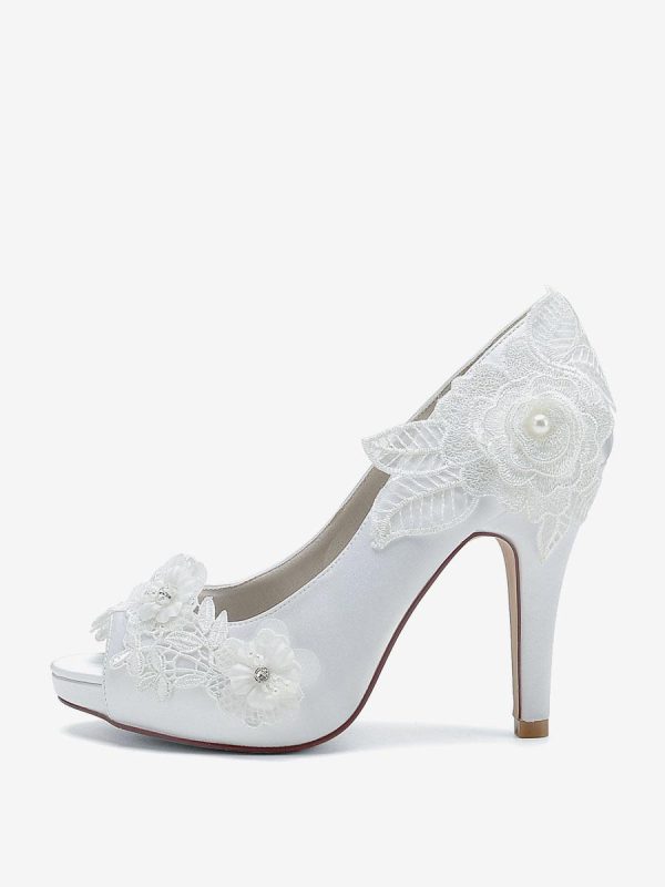 Flower Leaves Pattern Satin Peep Toe Wedding Bridal Shoes - Image 4