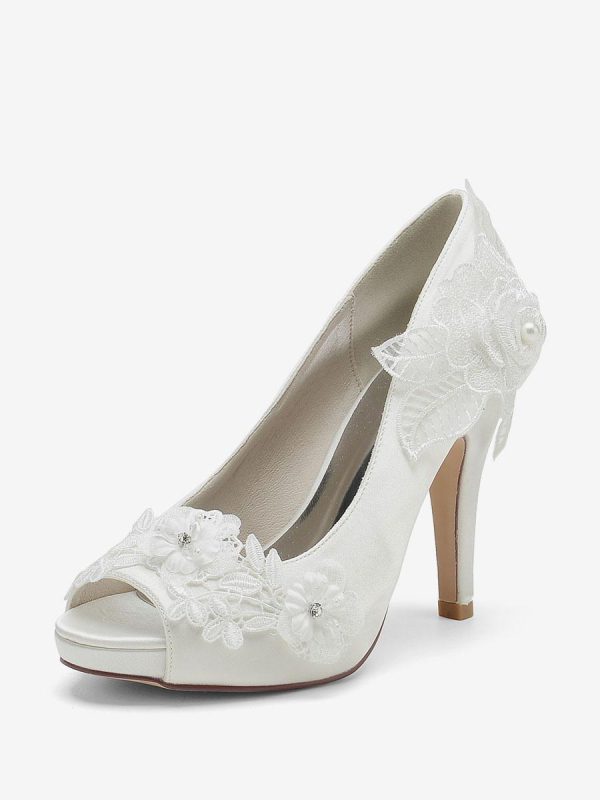 Flower Leaves Pattern Satin Peep Toe Wedding Bridal Shoes - Image 5