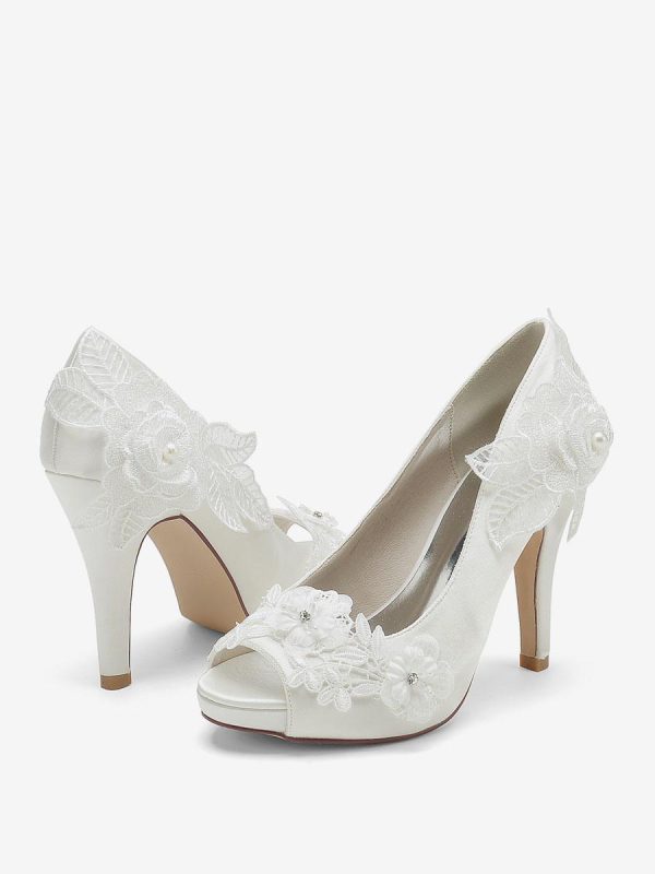 Flower Leaves Pattern Satin Peep Toe Wedding Bridal Shoes - Image 6