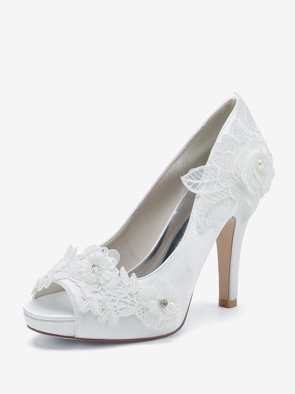 Flower Leaves Pattern Satin Peep Toe Wedding Bridal Shoes - Image 7