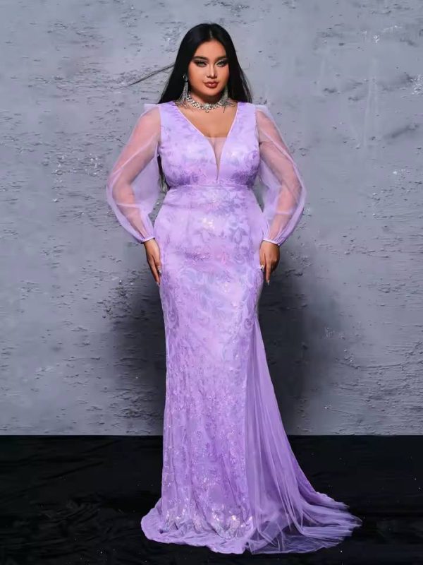 Tulle Lantern Sleeves V Neck Sequin Mermaid Evening Plus Size Maxi Dress - Image 2