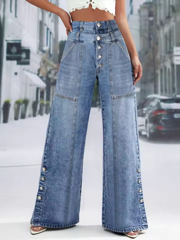 Casual High Waist Button Loose Slimming Straight Wide Leg Jeans