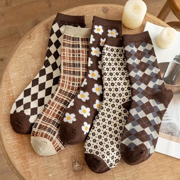 5 Pairs Cotton Crew Socks Floral Print Middle Tube Short Socks Set Pack - Image 2