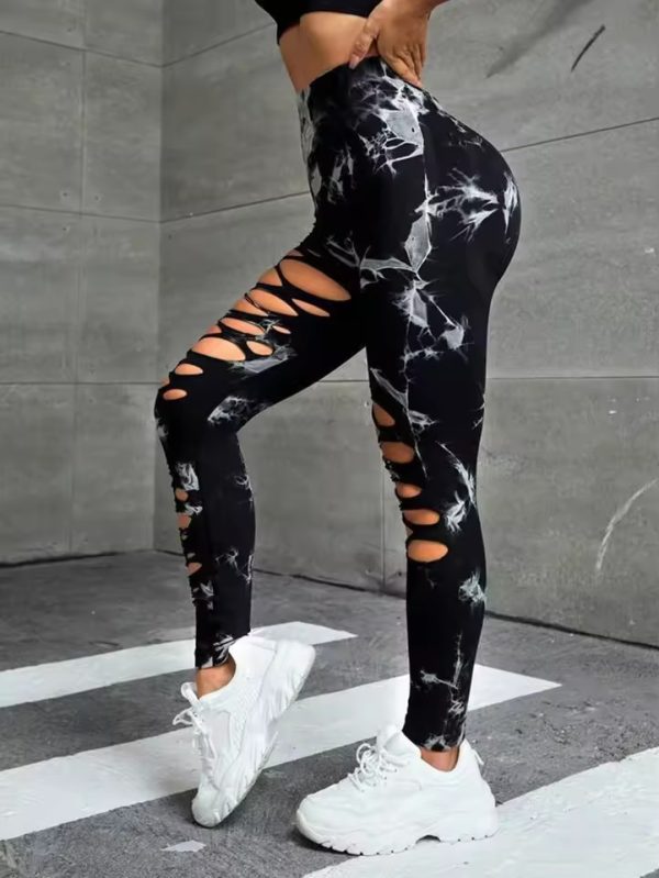 Trendy High Waist Hollow Out Tie Dye Stretchy Sports Leggings - Image 3