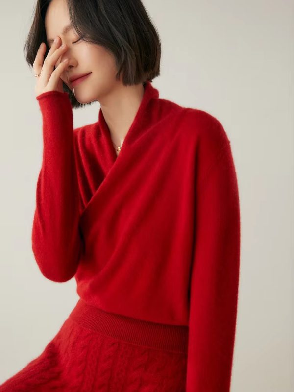 Basic Grace Soft Warm Crossover Collar Pullover Cashmere Sweater - Image 17