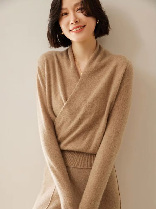 Basic Grace Soft Warm Crossover Collar Pullover Cashmere Sweater - Image 23