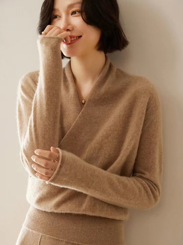 Basic Grace Soft Warm Crossover Collar Pullover Cashmere Sweater - Image 21