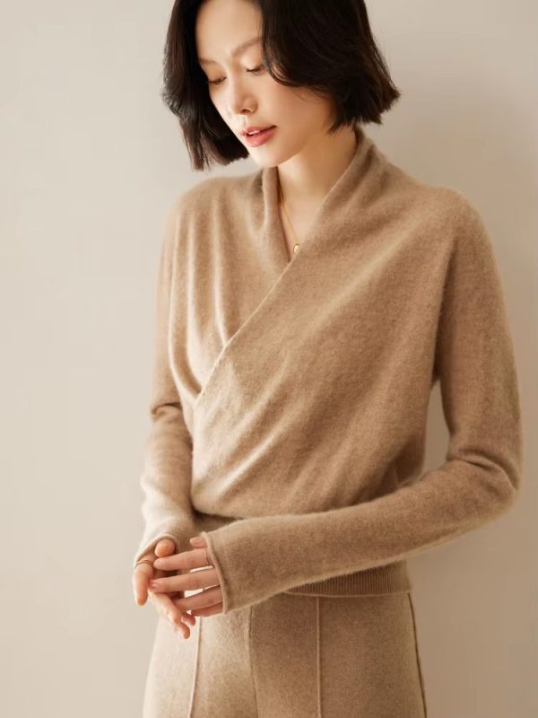 Basic Grace Soft Warm Crossover Collar Pullover Cashmere Sweater - Image 20