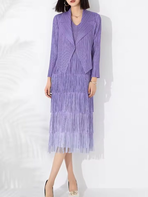 Boutique Pleated Style Large Gradient Overlay with Tassel Suit Small Coat Two Pieces Dress