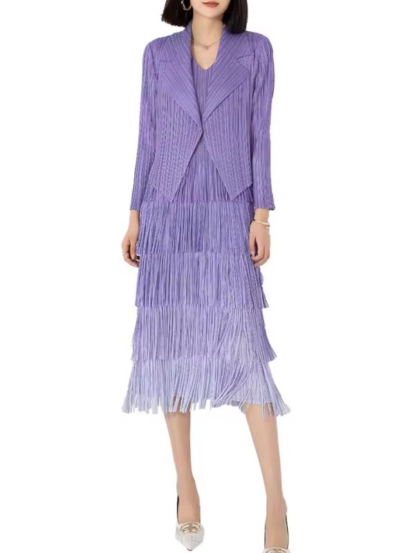 Boutique Pleated Style Large Gradient Overlay with Tassel Suit Small Coat Two Pieces Dress - Image 3