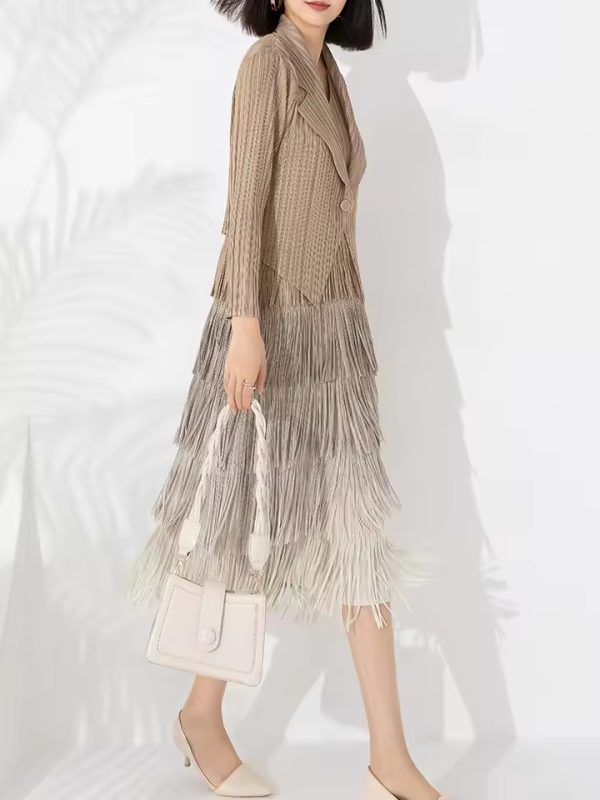 Boutique Pleated Style Large Gradient Overlay with Tassel Suit Small Coat Two Pieces Dress - Image 6