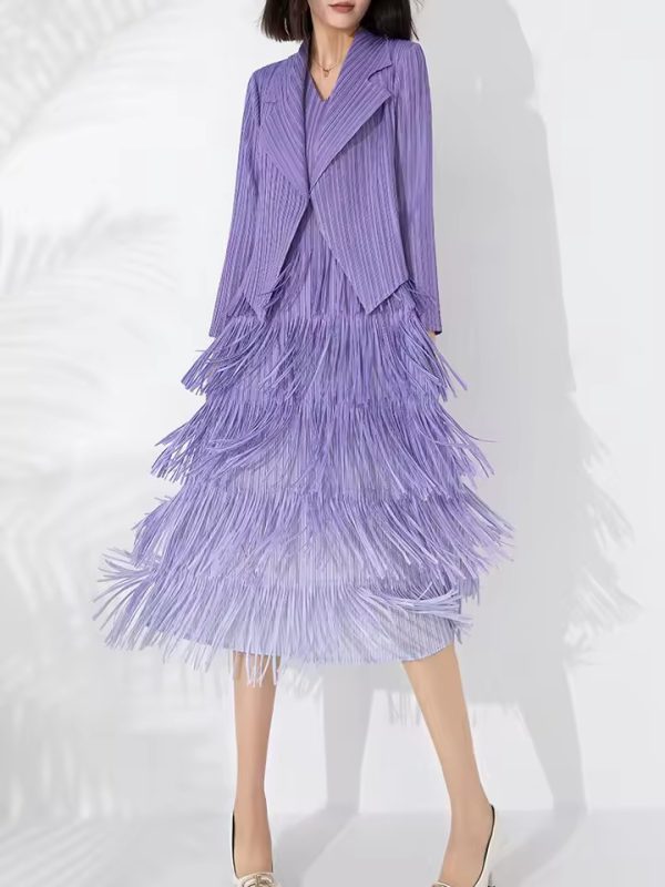 Boutique Pleated Style Large Gradient Overlay with Tassel Suit Small Coat Two Pieces Dress - Image 2