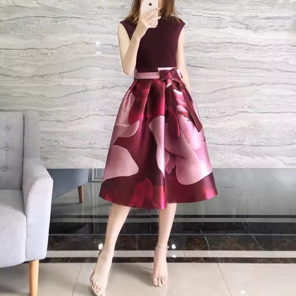 Boutique Print Sleeveless Bow Zippler Elegant Designer Runway Party Holiday Dresses