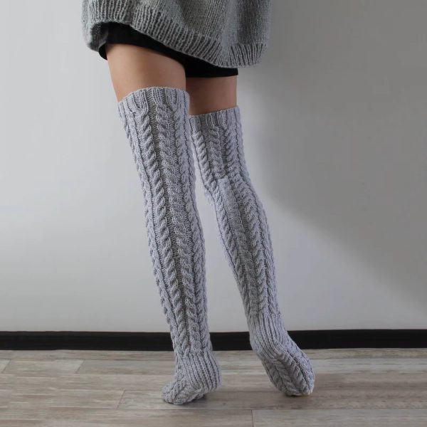 Cable Knit Stocking Leg Warmers Silicone Thigh Highs Extra Long Over Knee Boot Socks - Image 3