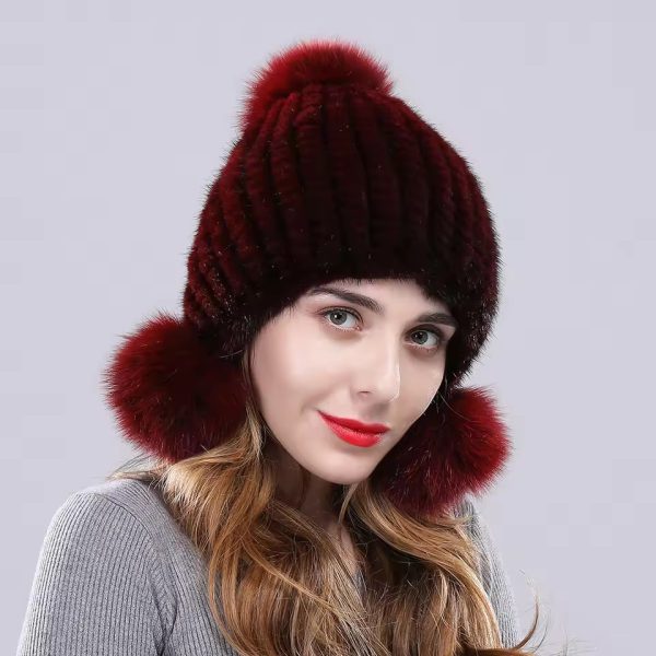 Casual Fox Fur Ball Real Mink Genuine Fur Knitted Hat