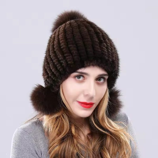 Casual Fox Fur Ball Real Mink Genuine Fur Knitted Hat - Image 5