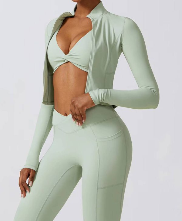 Casual Full Zip-Up Stretchy Fitted Long Sleeve Yoga Crop Top - Image 12