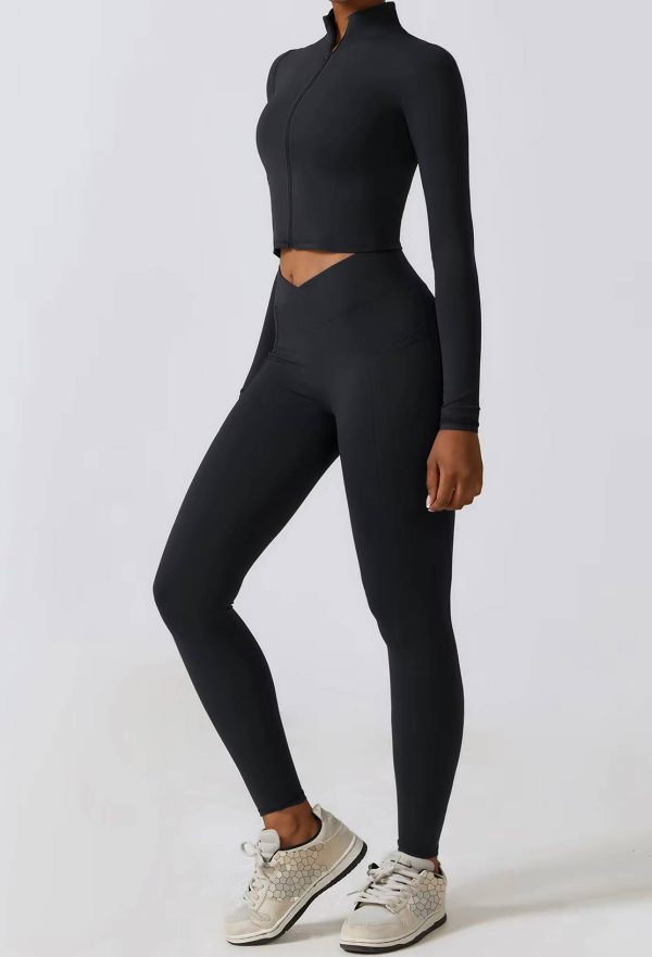 Casual Full Zip-Up Stretchy Fitted Long Sleeve Yoga Crop Top - Image 10