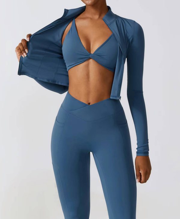 Casual Full Zip-Up Stretchy Fitted Long Sleeve Yoga Crop Top - Image 15