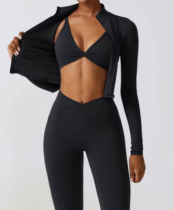 Casual Full Zip-Up Stretchy Fitted Long Sleeve Yoga Crop Top - Image 8