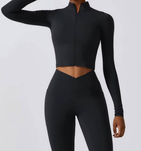 Casual Full Zip-Up Stretchy Fitted Long Sleeve Yoga Crop Top - Image 9