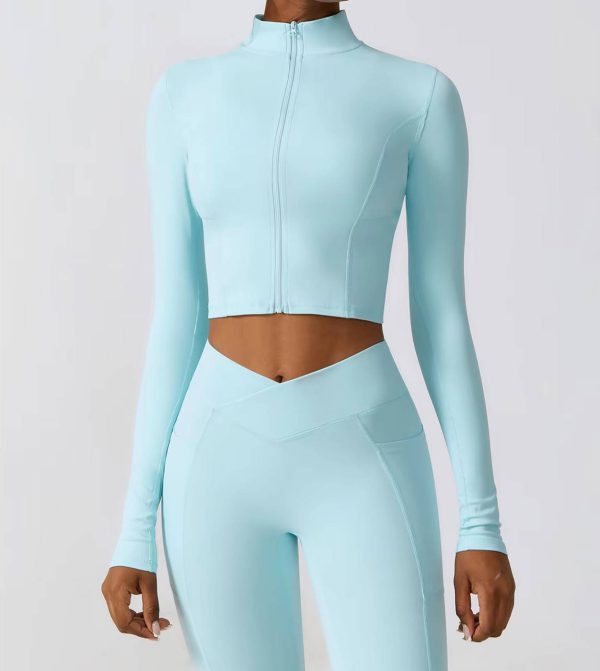 Casual Full Zip-Up Stretchy Fitted Long Sleeve Yoga Crop Top - Image 2