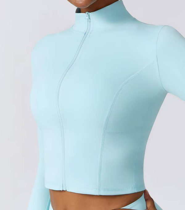 Casual Full Zip-Up Stretchy Fitted Long Sleeve Yoga Crop Top - Image 3