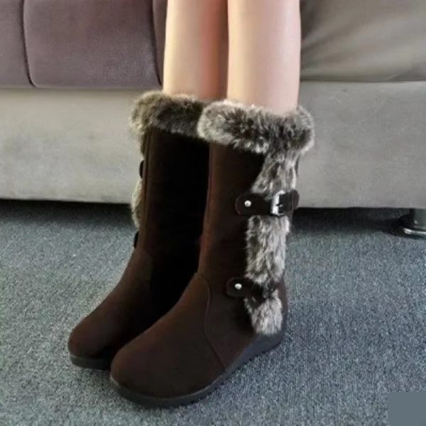 Casual Fur Solid Color Leather Slip-On Round Toe wedges Flat Keep Warm Mid-Calf Boots - Image 4