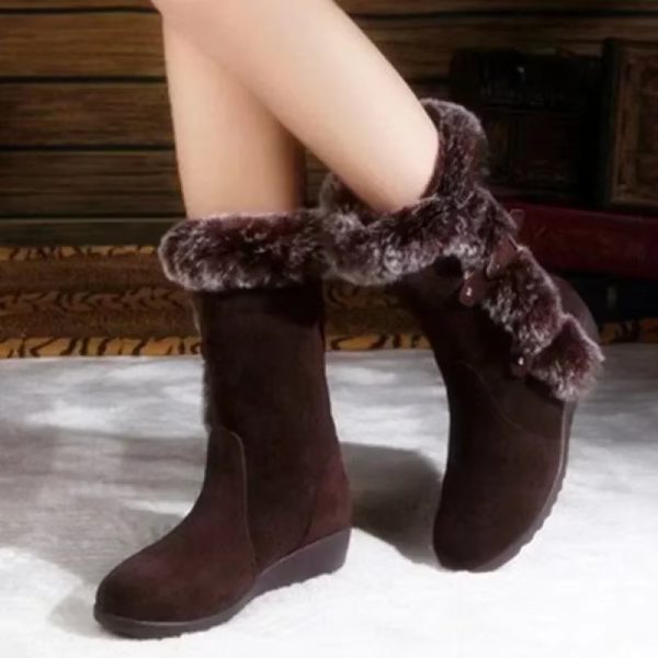 Casual Fur Solid Color Leather Slip-On Round Toe wedges Flat Keep Warm Mid-Calf Boots - Image 3