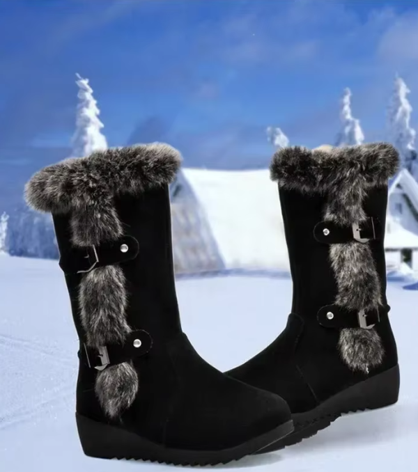 Casual Fur Solid Color Leather Slip-On Round Toe wedges Flat Keep Warm Mid-Calf Boots - Image 2