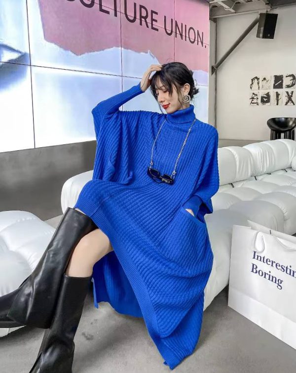 Casual Irregular Style Turtleneck Loose Sweater Dress - Image 8