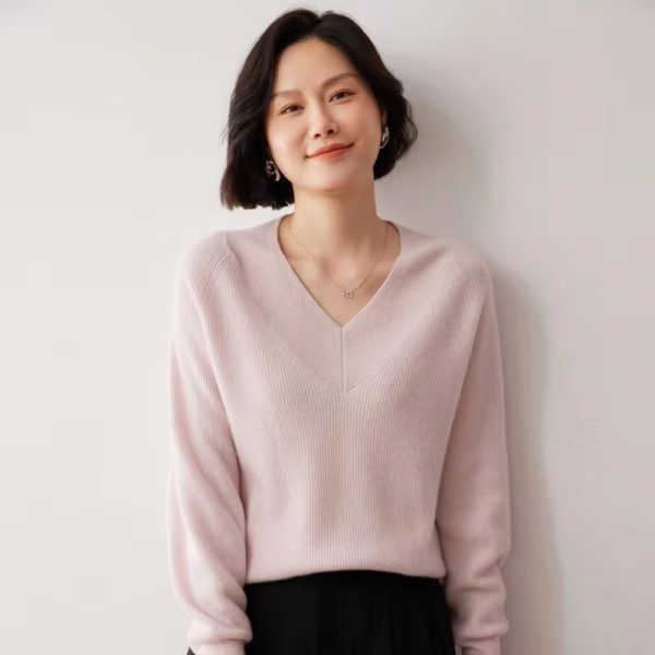 Casual Knit V- Neck Cashmere High Stretch Loose Sweater